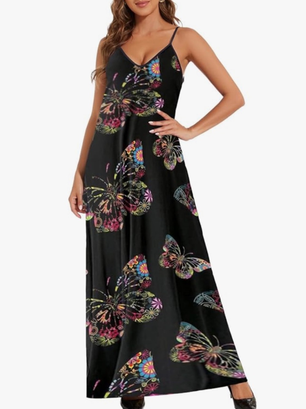 Chic Nation Black Maxi Dress with Multicolor Butterfly Print